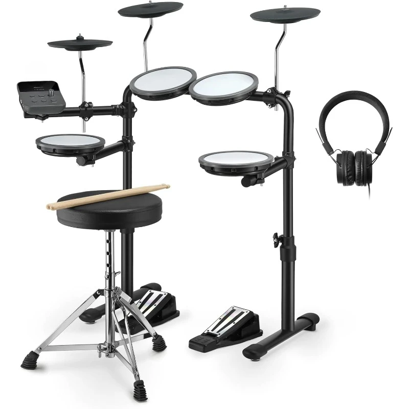 Electric Drum Set with 4 Quiet Mesh Drum Pads, 2 Switch Pedal, Portable and Solid Drum Set with Type-C Charging,Throne,Sticks