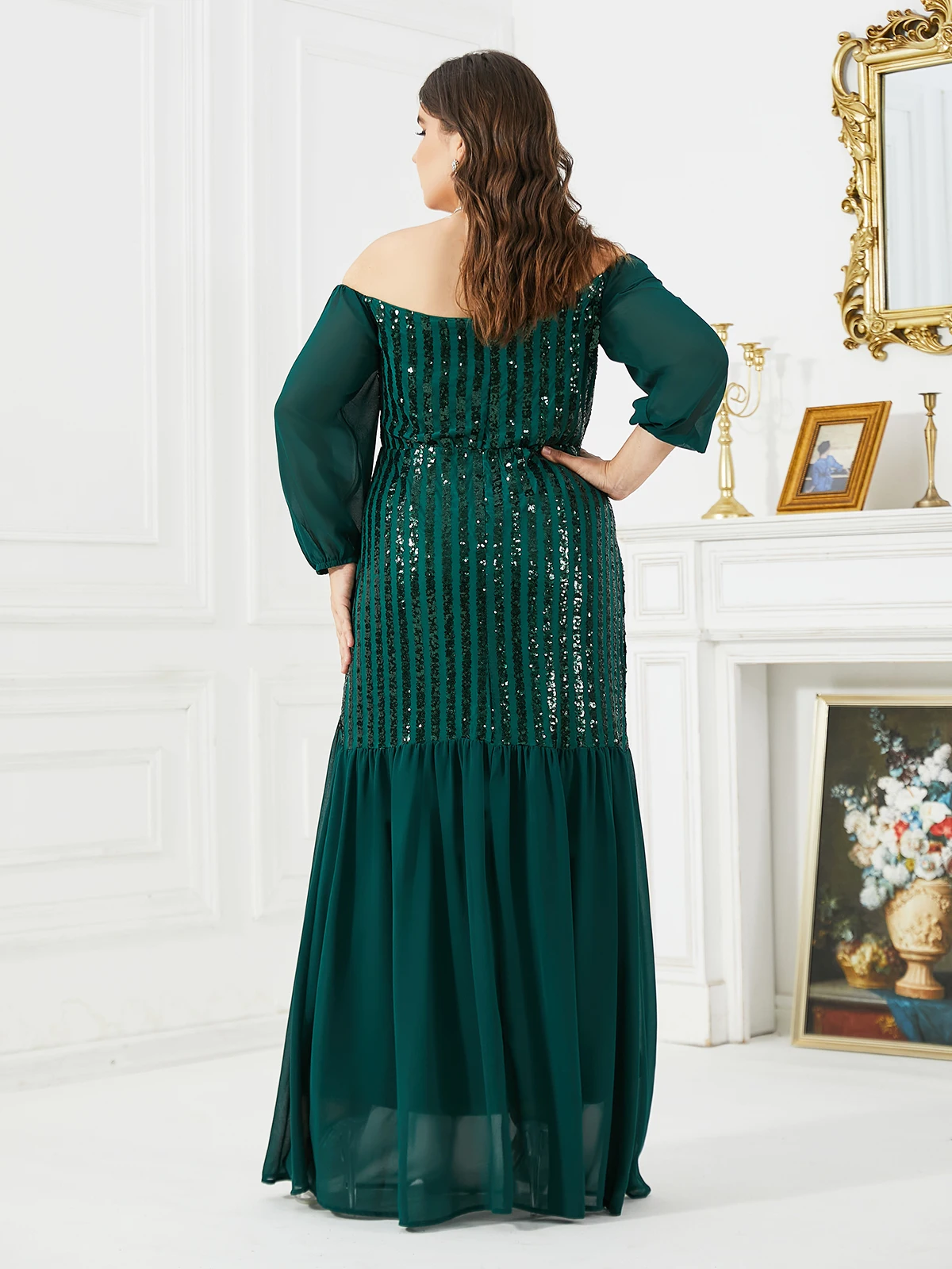 Vestidos de Noche de talla grande para mujer, sin tirantes, lentejuelas, empalme, fiesta, Sexy, verde, boda, talla grande, 2023