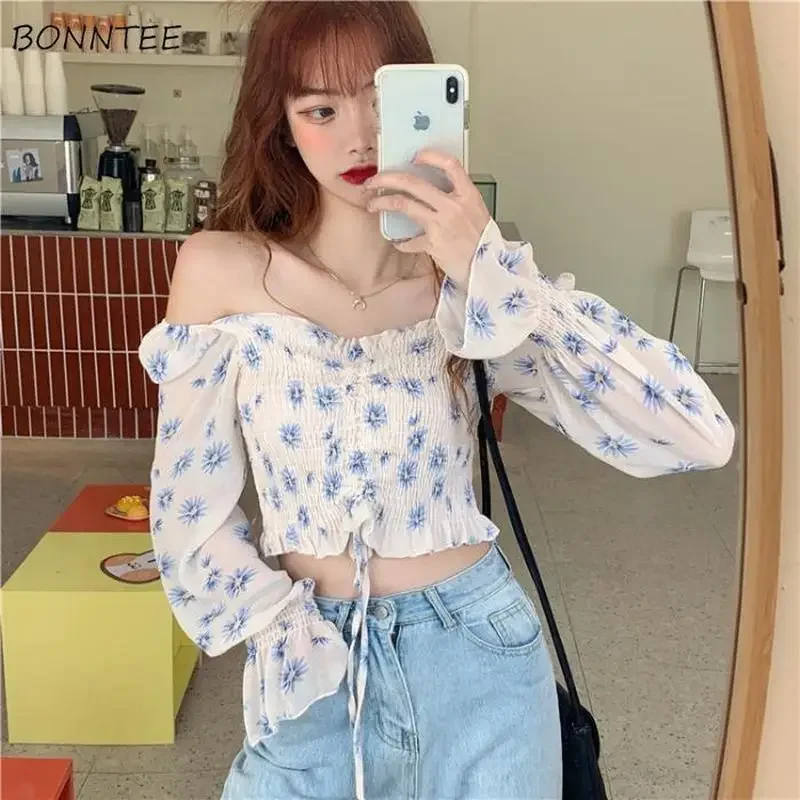 Blouses Women Shirring Lovely Trendy Temperament Design Print Cropped Summer Blue Chiffon Elegant Slim Ulzzang College New Tops