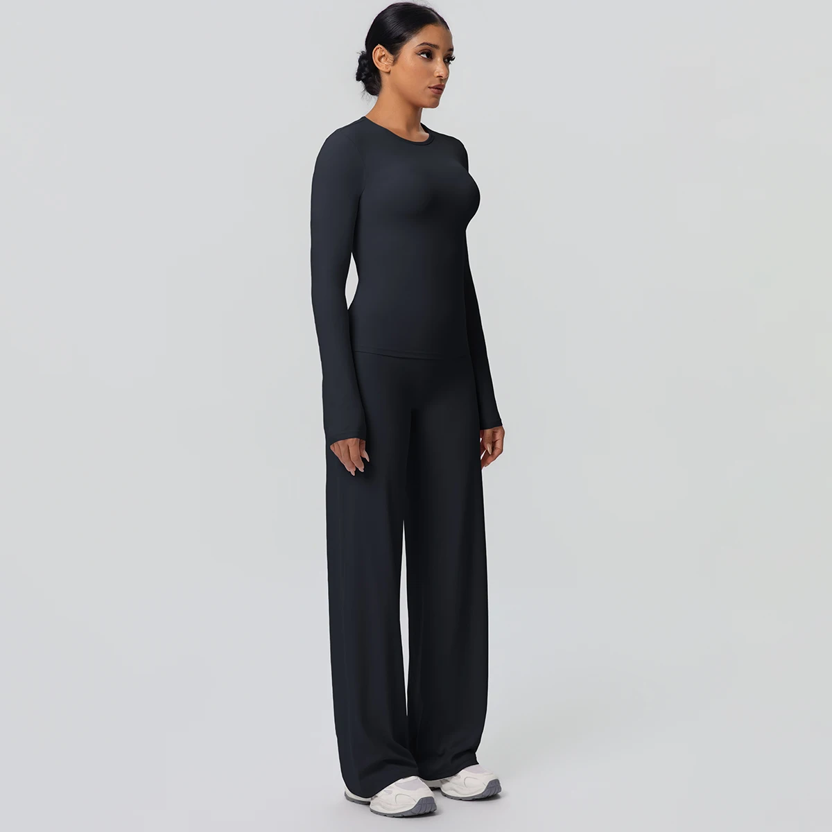 2 stück Frauen Gym Yoga Set Lauf Shirts Schlank Lange Ärmel Workout Top Schnell Trocknend Hohe Stretch Breite Bein Hosen dünne Yoga Set – Detail 11