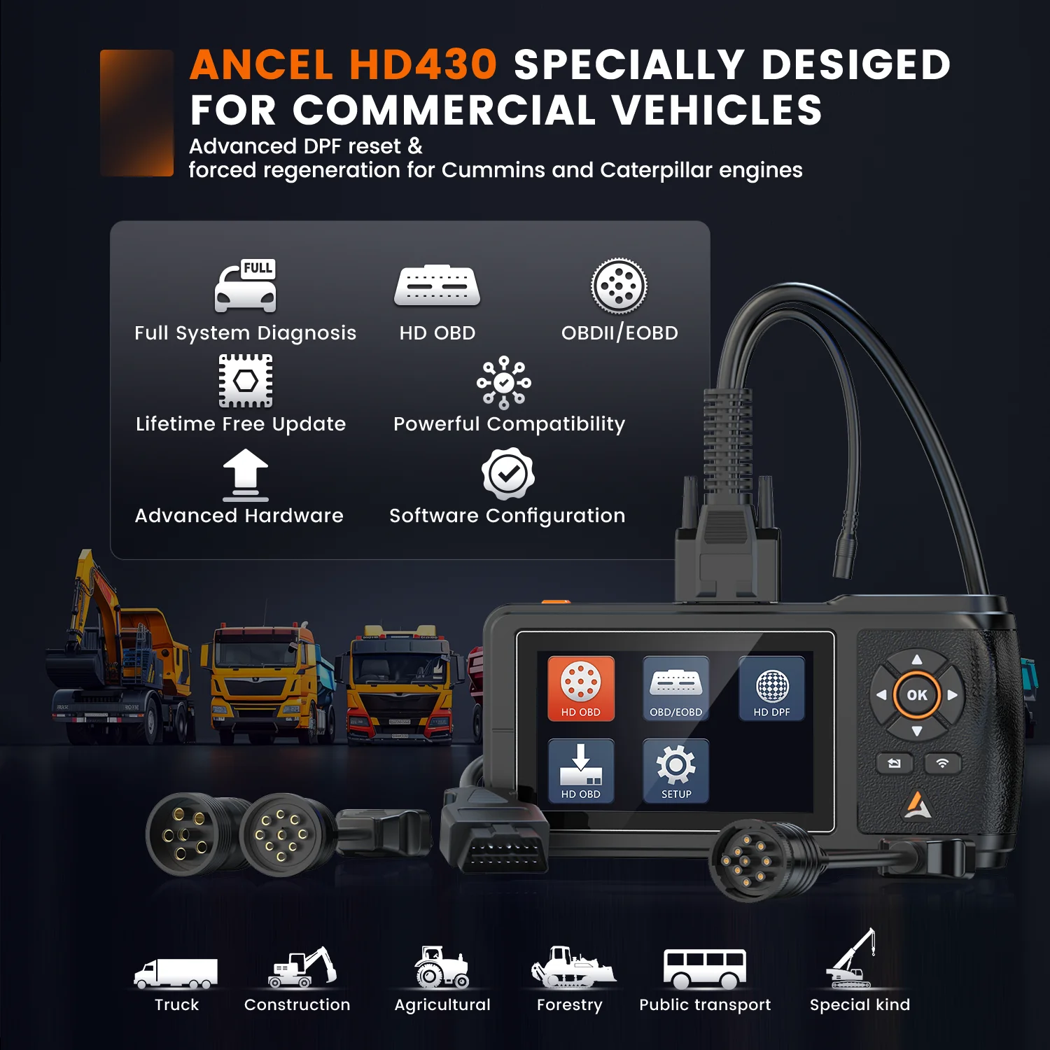 ANCEL HD430 Zware vrachtwagenscanner DPF Reset Geforceerde regeneratie voor Cummins Caterpillar Engine Volledig systeem HDOBD Dieselscanner