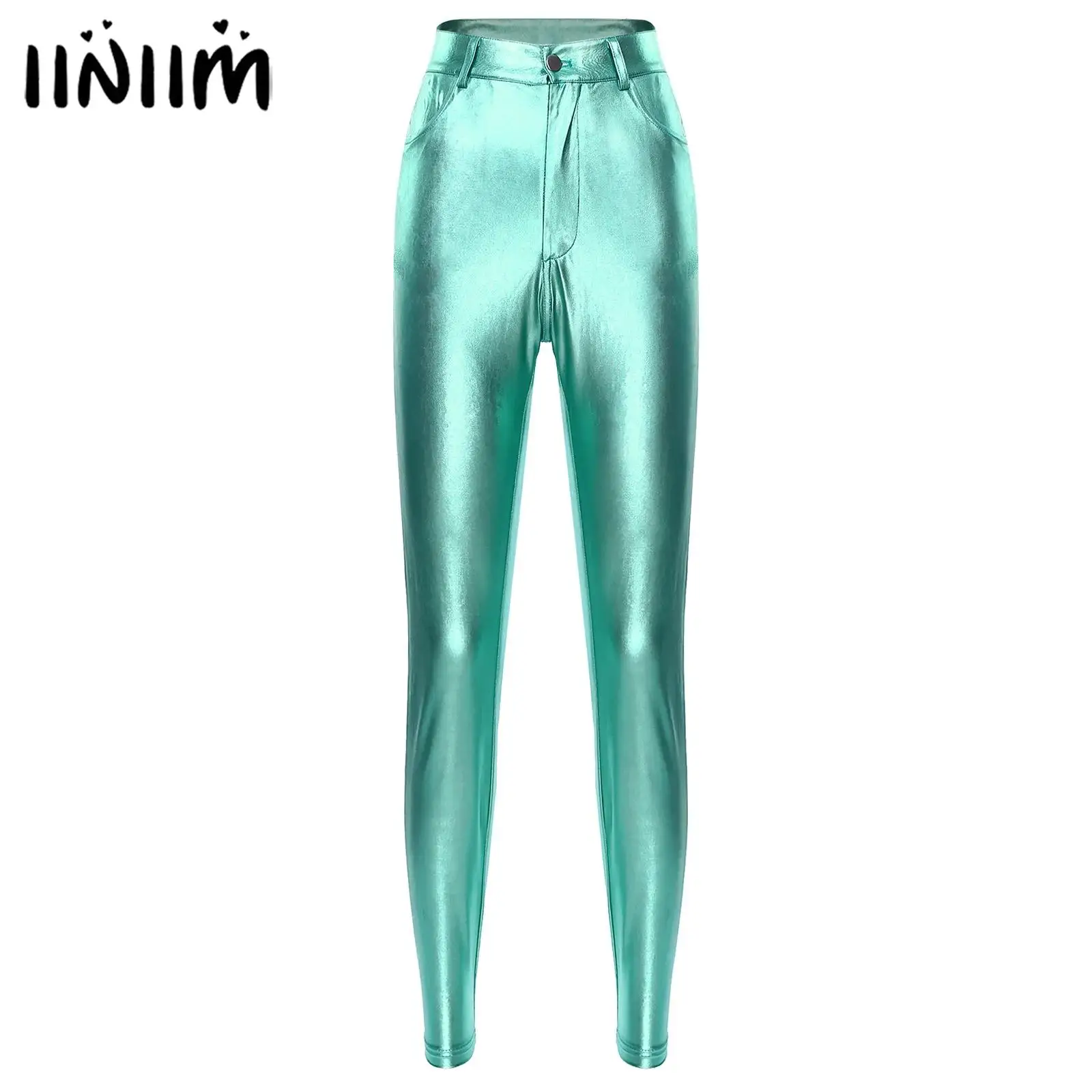 Womens Metallic Skinny Pants Fashion Zipper Fly Leggings with Pockets Music Festival Raves Clothings Pole Dance Party Clubwear