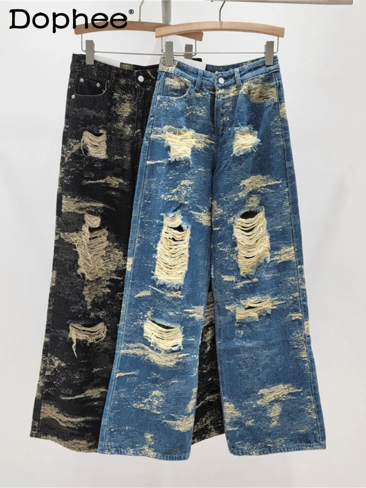 

Cool Tie-dye Ripped Casual Wide-leg Jeans Women Spring 2025 New High-waisted Loose and Versatile Straight-leg Pants Baggy Jeans