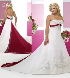 Embroidery Gothic Wedding Dress Red White Costume Victorian Beach Satin Bridal Gowns For Women Boho Bride Plus Size Customized