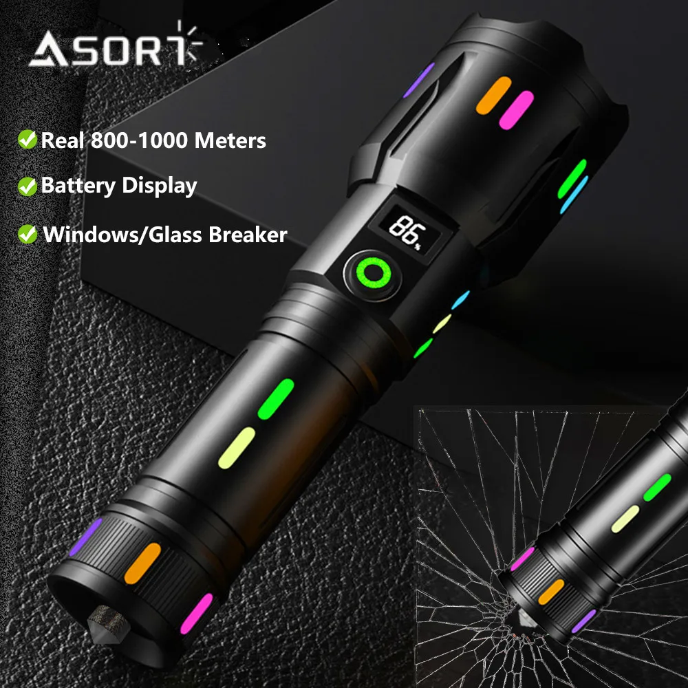 High Power Spotlight Long Range LED Flashlight With Luminous StripsTail Glass breaker Zoomable Torch For Camping Emergency