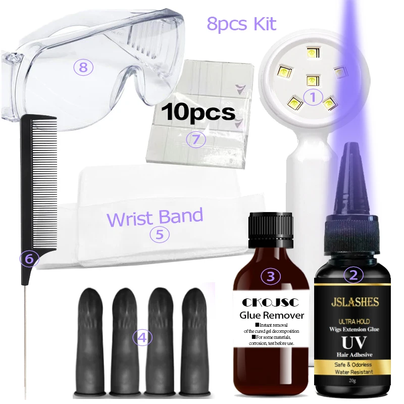 8pcs Kit Wigs Hair Uv Glue Lamp Hair Extension Kit for Human hair: 20g UV Glue, UV Lamp,Glue Remover,Hair Sticker,Uv Glasses