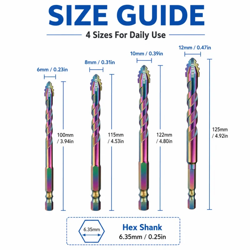 Colorful Multi‑Material Drill Bits 4Pcs 6‑12mm Hex Shank Carbide Tip for Tile, Brick, Metal & Glass DIY Work