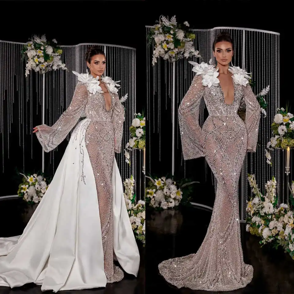 Sexy  Mermaid Wedding Dress Deep V-Neck Bride Dresses Backless Slim Fit Bridal Gowns Dress vestidos de fiesta ﻿Size Customized