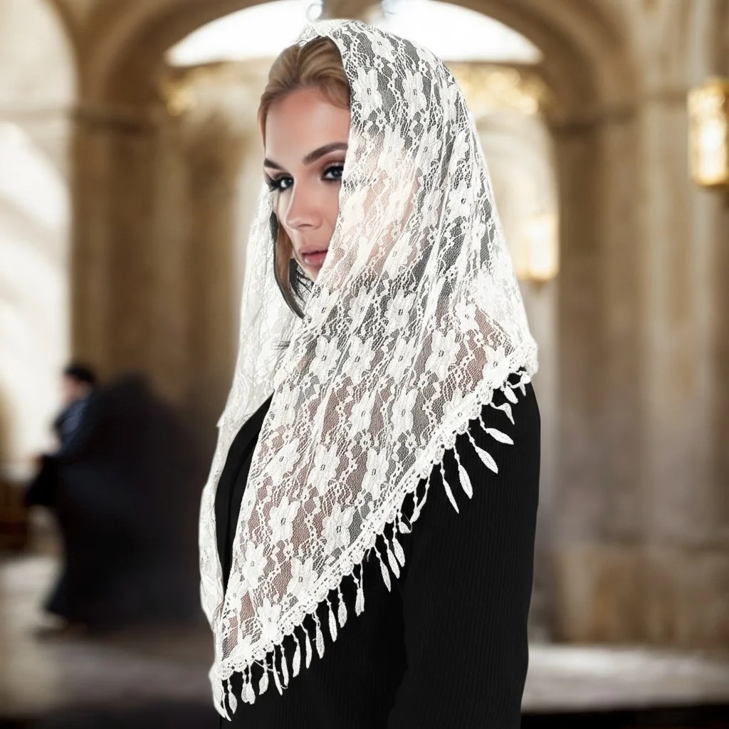 Pañuelo Triangular Ligero de Encaje, Chal Calado con Bordado Floral y Borlas, Pañuelo para la Cabeza para Bodas, Fiestas e Iglesia