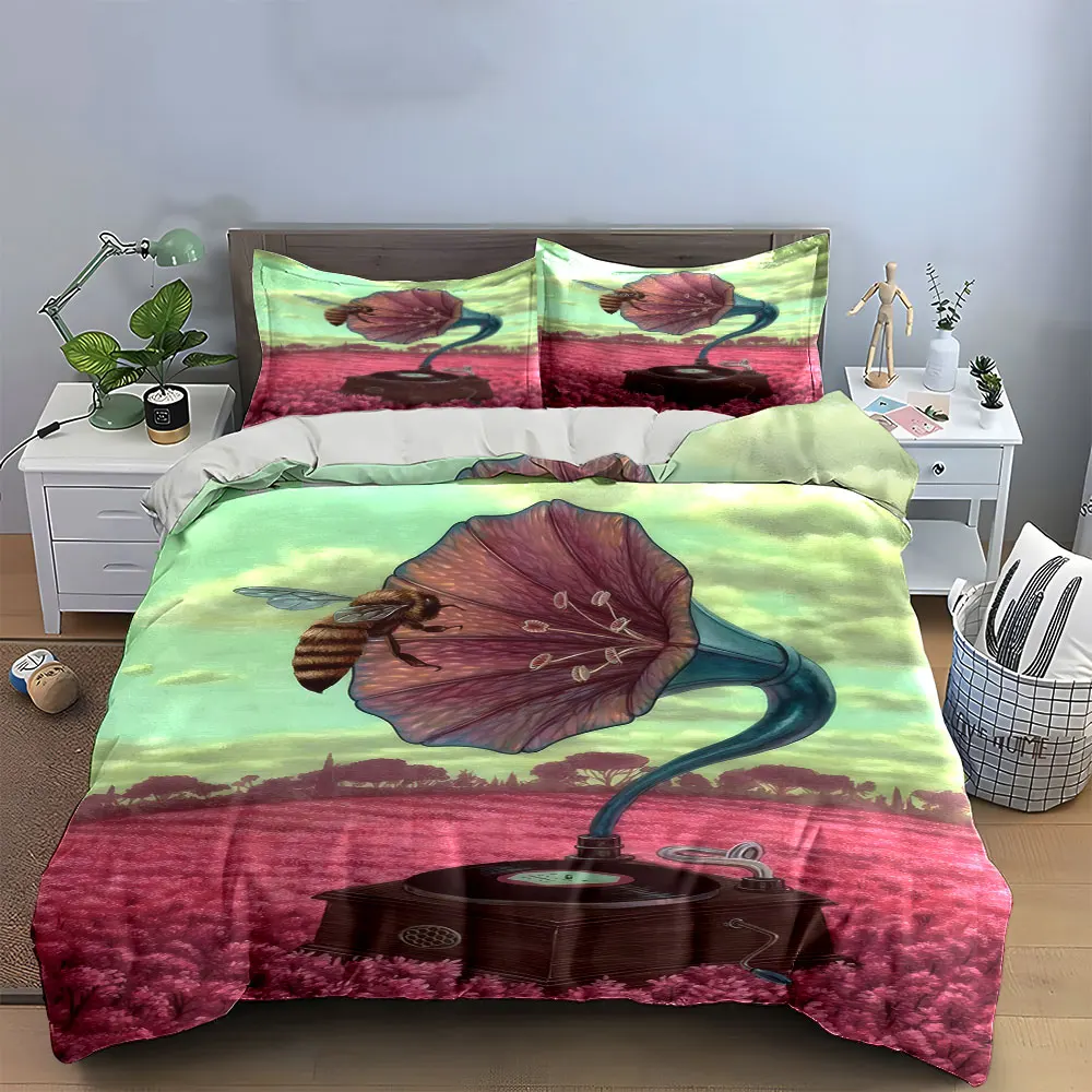 Surreal Gramophone Bee Pink Flower Field Duvet Cover Set,Pastoral Oil Painting Bedding Includes 1 Duvet Cover And 2 Pillowcase