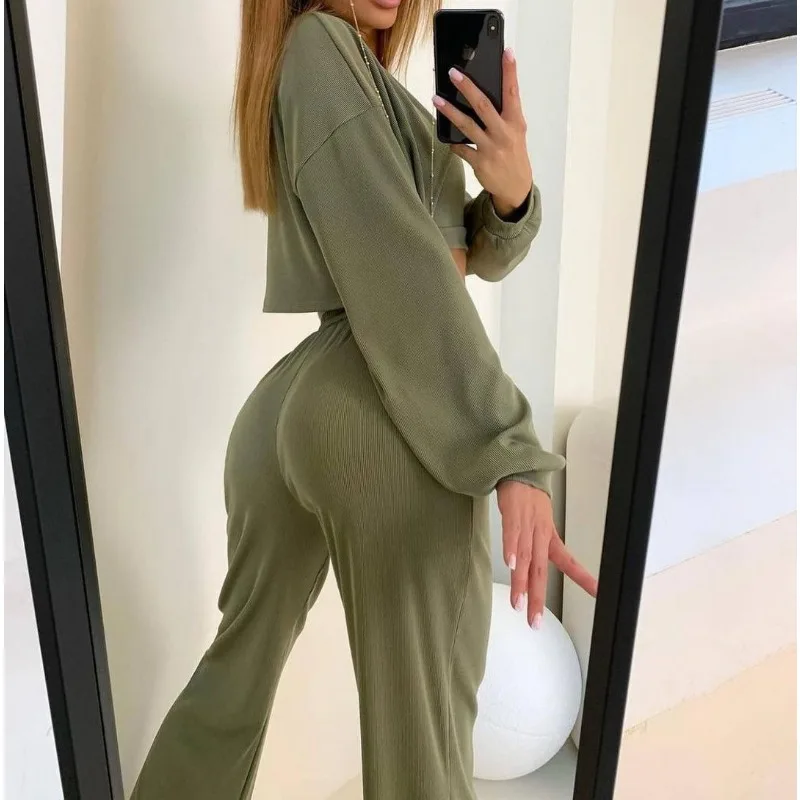 3PCS Women's Fashion Round Neck Crop  Long Sleeve Top & Pants Set Temperament Female Casual Clothes 3 Piece Set Outfit for Women