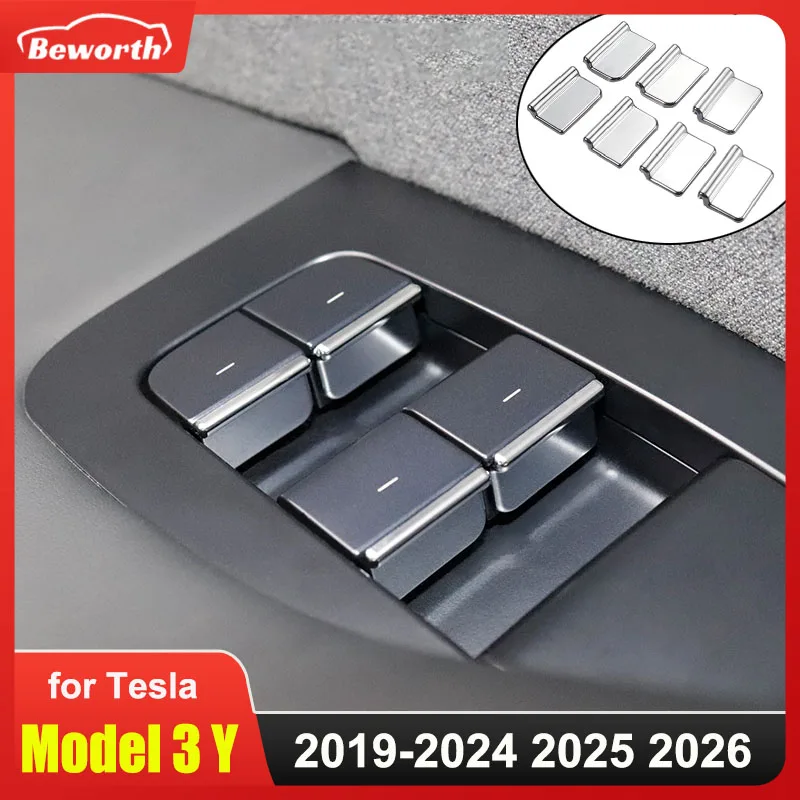 Window Lift Button Sequins Trim for Tesla Model 3 Y Juniper Launch 2025 ABS 7PCS Chrome Window Switch Button Cover Accessories