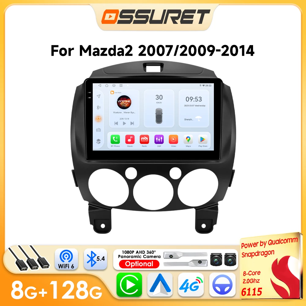 Reproductor Inteligente para Auto OSSURET para MAZDA 2 2007-2014, Estéreo Multimedia 2DIN, 4G WIFI, Carplay, Android Auto, GPS 6115, Radio para Auto de 9''