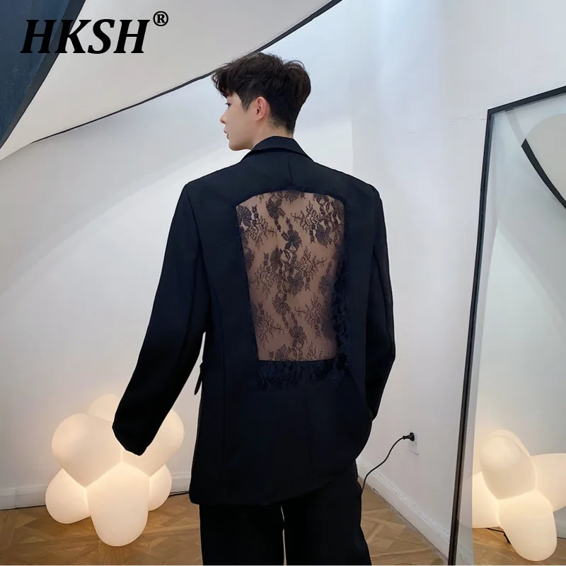 

HKSH Spring Summer New Men's Tide Chic Dark Blazer Nightclub Lace Hollowed Out Niche Fashion Loose Fit Long Sleeve Coat HK0999