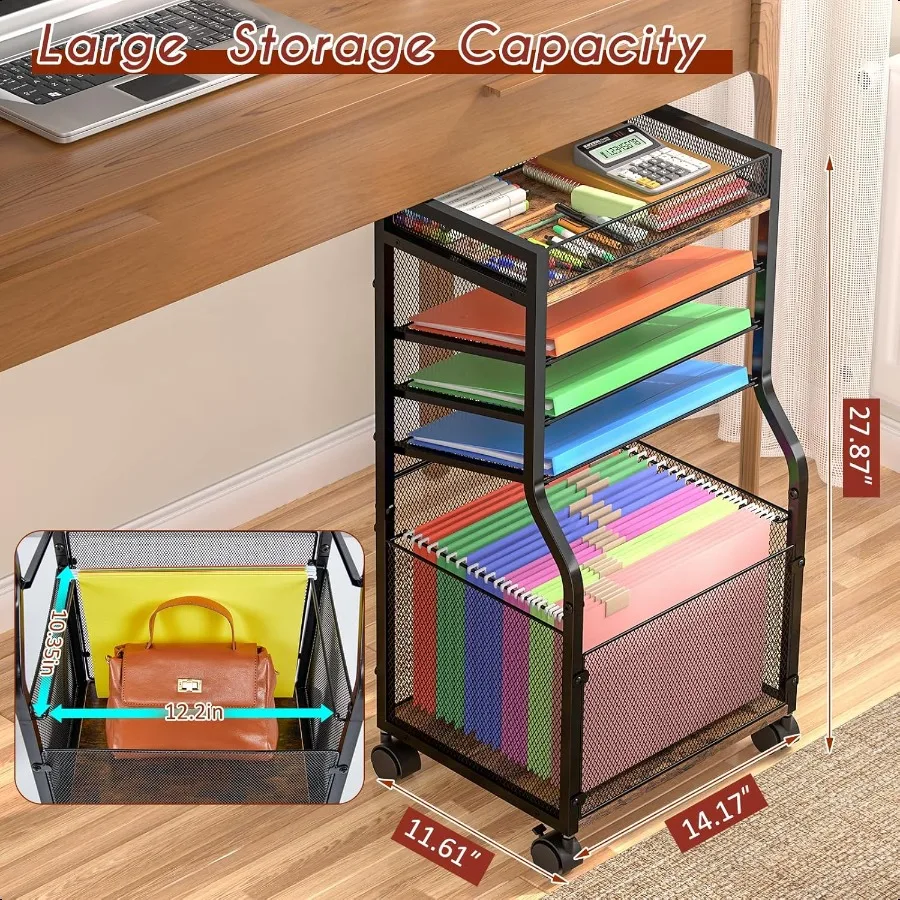 5-уровневая тележка для файлов на колесиках с подвесными папками для файлов, мобильный настольный органайзер для файлов на запираемых колесах, деревянная сетка, бумага, раздвижная буква