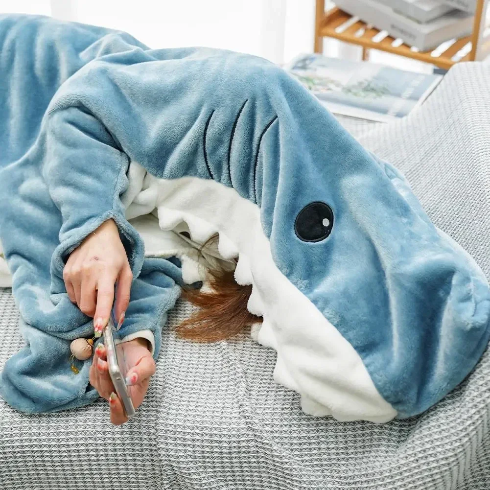 Ensembles de pyjama requin de dessin animé pour hommes, vêtements de nuit pour dormir, sieste au bureau, portable, hiver, couverture adulte, chaud