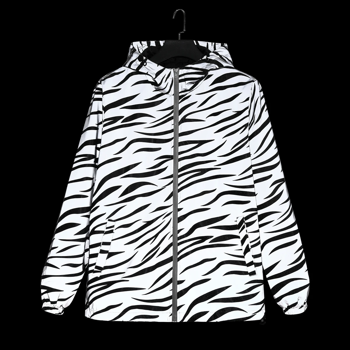 زيبرا طباعة ليلة سترات عاكسة للرجال موضة الهيب هوب الشارع الشهير يندبروف في الهواء الطلق مضيئة السلامة مقنعين معاطف عادية #4