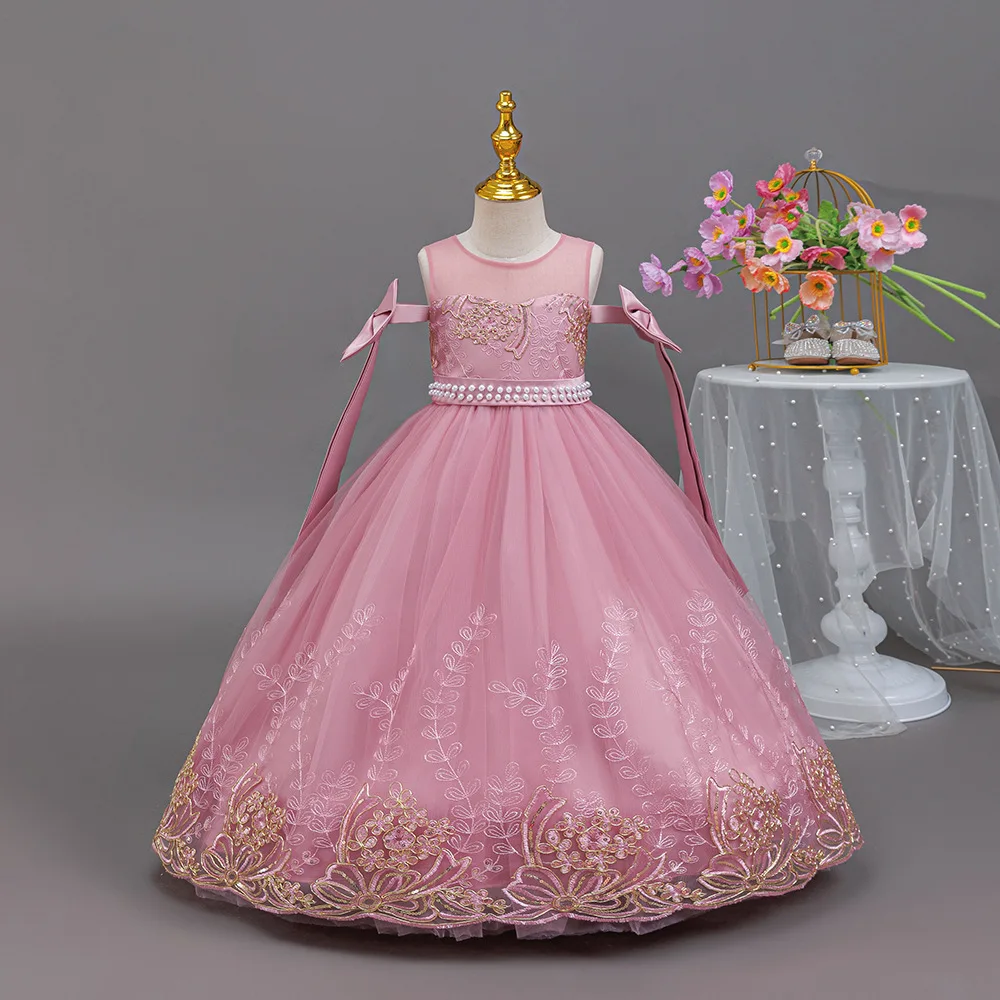 

HETISO Elegant Girls Birthday Party Formal Evening Dress Embroidery Flower Children Dance Princess Wedding Gown 4-12 Years