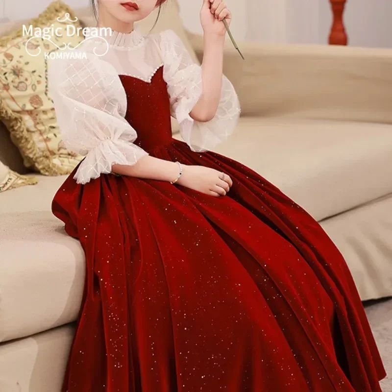 Customized Elegant Temperament Flower Girls Dress Spliced O-neck Full Sleeve Birthday Party Robe Slim Ball Gown Princess Sequin