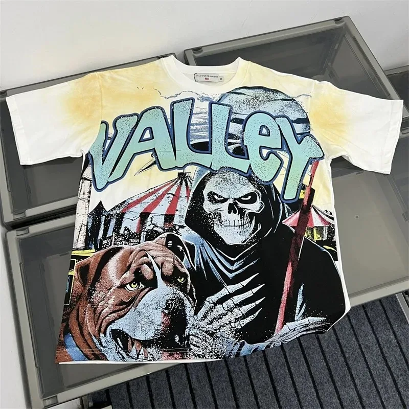 

Белые футболки VALLEY со скелетонизированным принтом для мужчин и женщин, уличная одежда из чистого хлопка Vale, большие размеры с короткими рукавами