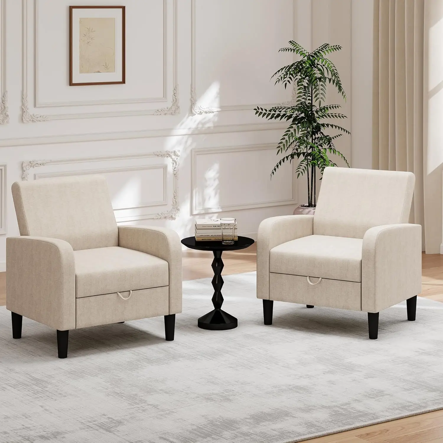 Accent Chair for Living Room, Bedroom, Office, Library, Linen Fabric, Beige, 2 Pack