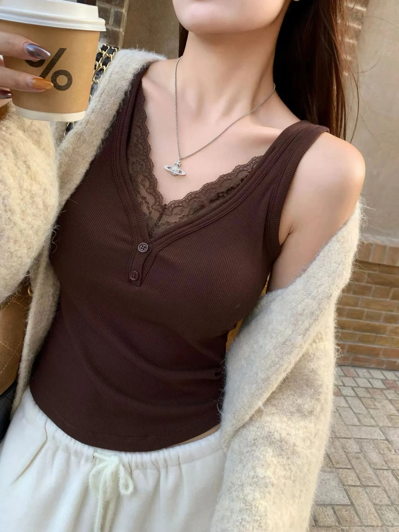 2025 delle nuove donne Lace Trim Floing Vest Autunno Inverno Thiened Tuta sportiva Base irt V-ne Svel Pendolarismo Sle Colore puro