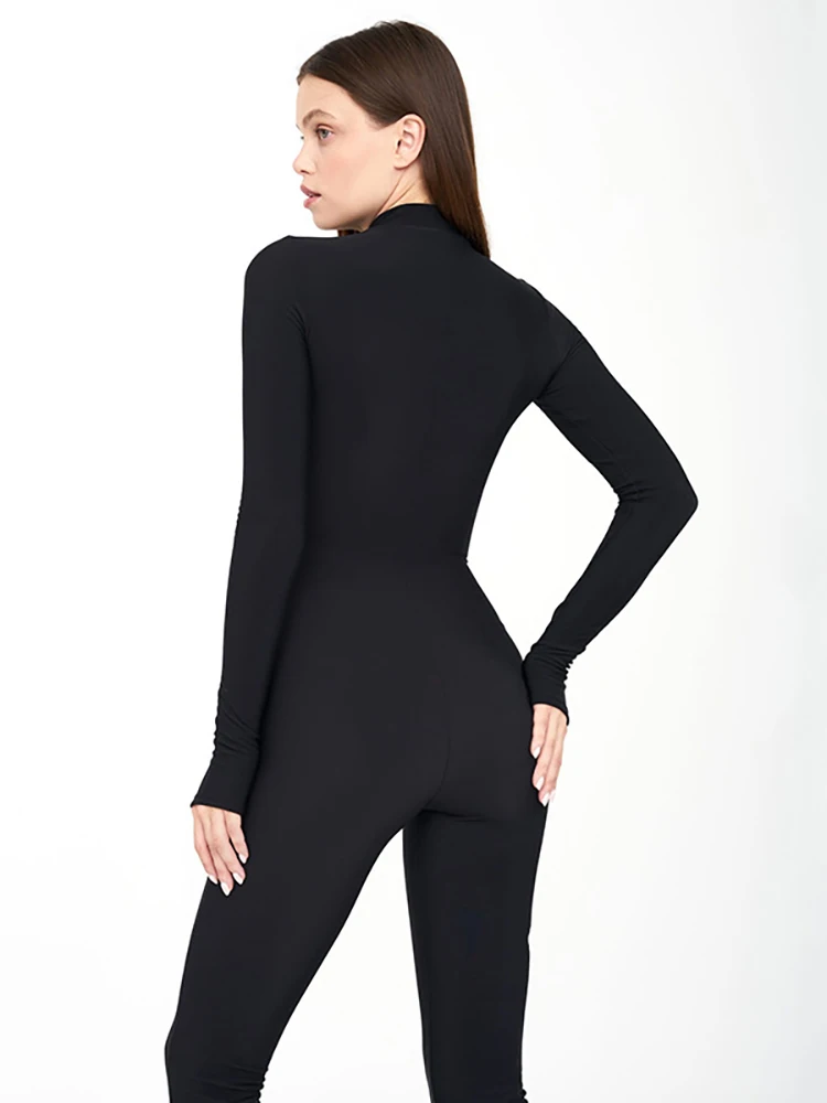 JULISSA MO Tight Long Sleeve Zipper Women Jumpsuit Black Round Neck High Waist Playsuit Winter Warm Skinny Yoga Sporty Jumpsuit