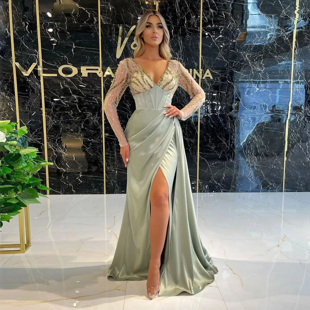 Vestido de noche de sirena verde menta para mujer, manga larga, encaje de lujo, cuentas divididas, satén, elegante, Formal, fiesta de graduación