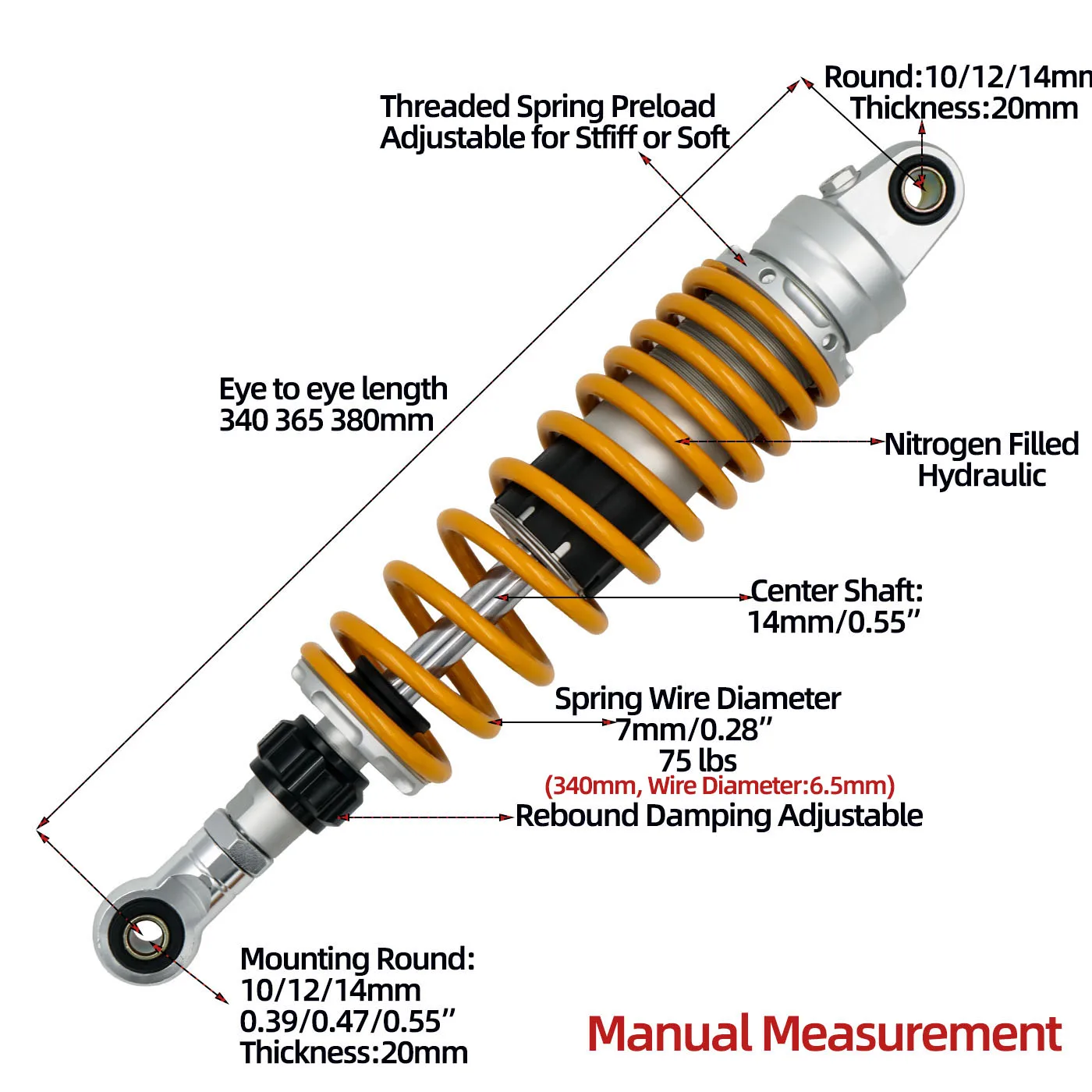 

Variety Size Extended20mm rear shocks for Yamaha GT150/Longjia XDV 250/300/Honda NS150LA/CGX150/CG125/CM125/GN125/AE4/AE5i/AE8