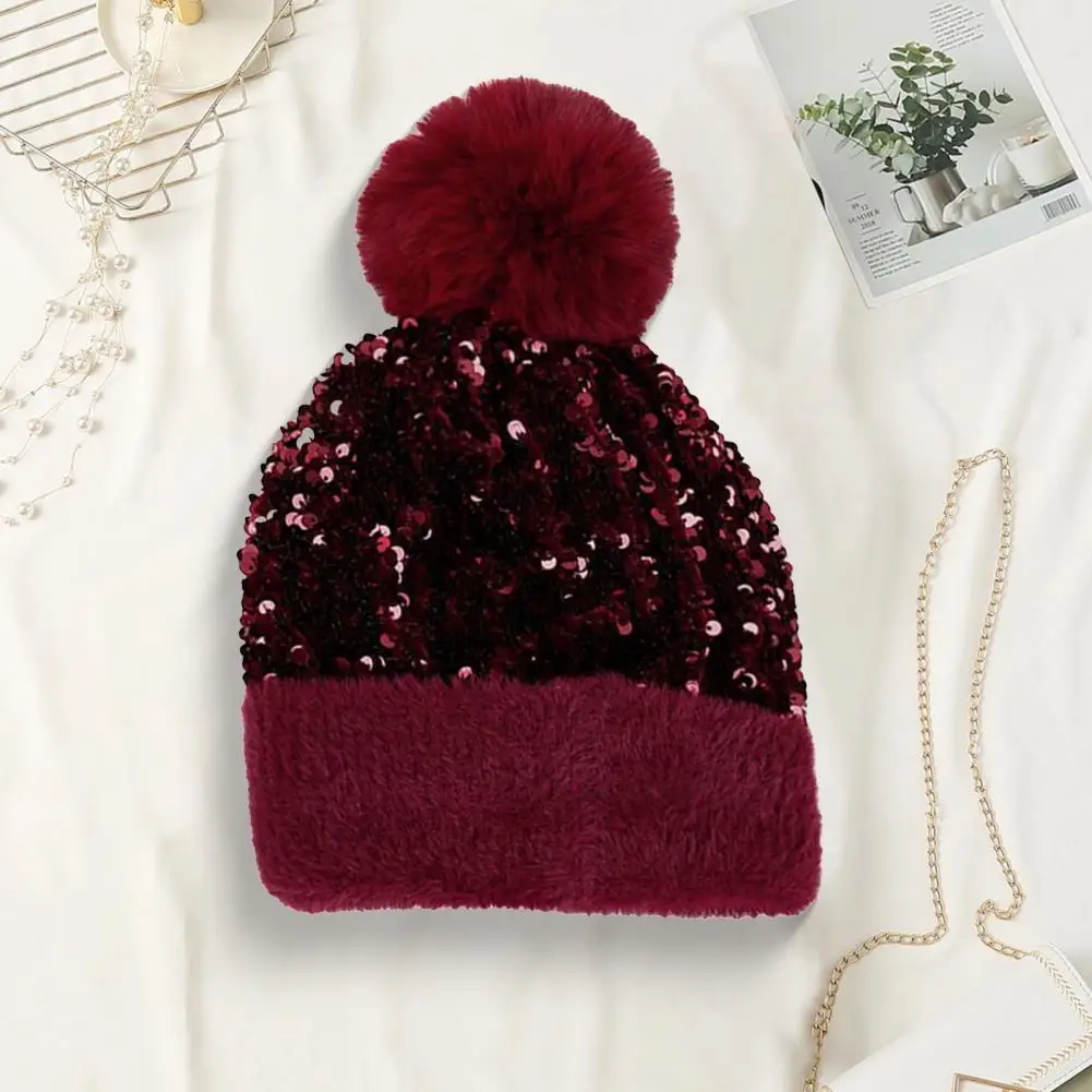 Furry Bucket Hat Women’s Knitting Hat with Plush Pom Pom Shiny Sequin Embellished Brimless Winter Bucket Hat Warm Furry