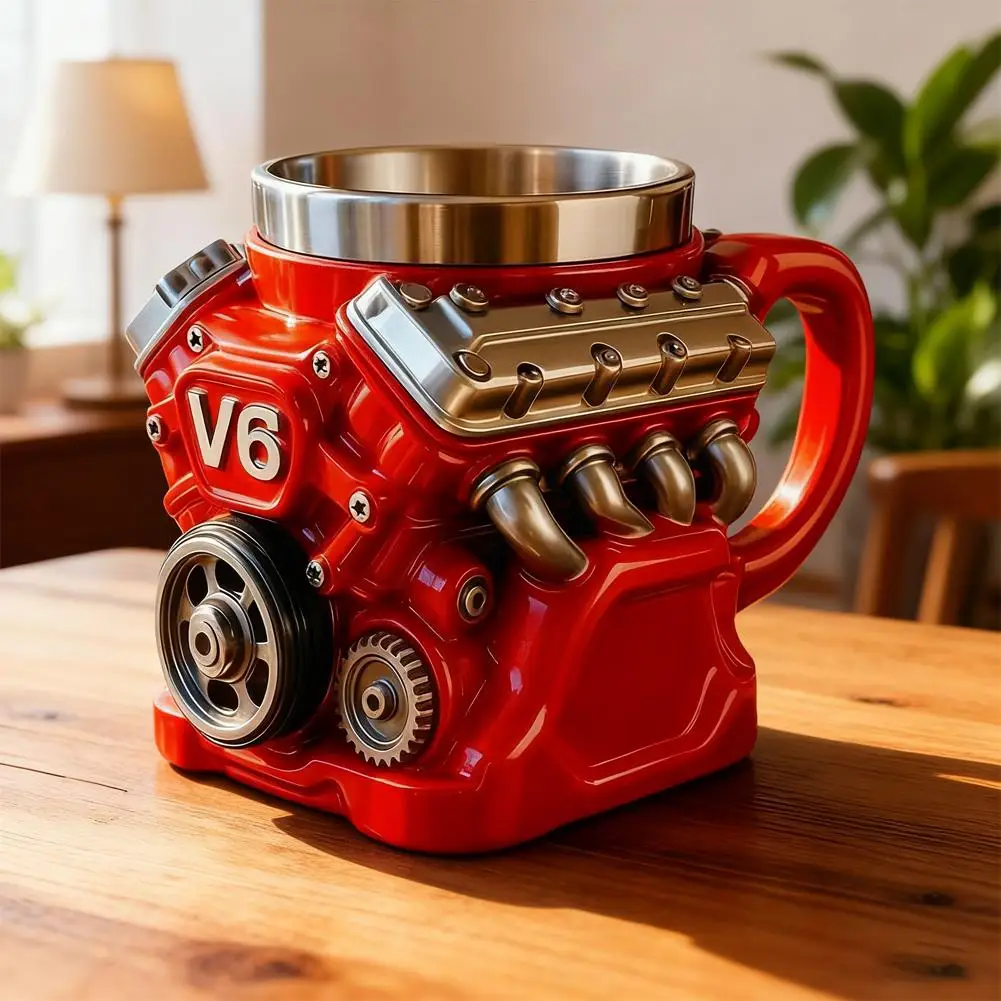 Retro Engine Coffee Mug New Engine V8 Engine Mug Decoration Stainless Steel Cup Car Engine Design Mug For Car Enthusiasts