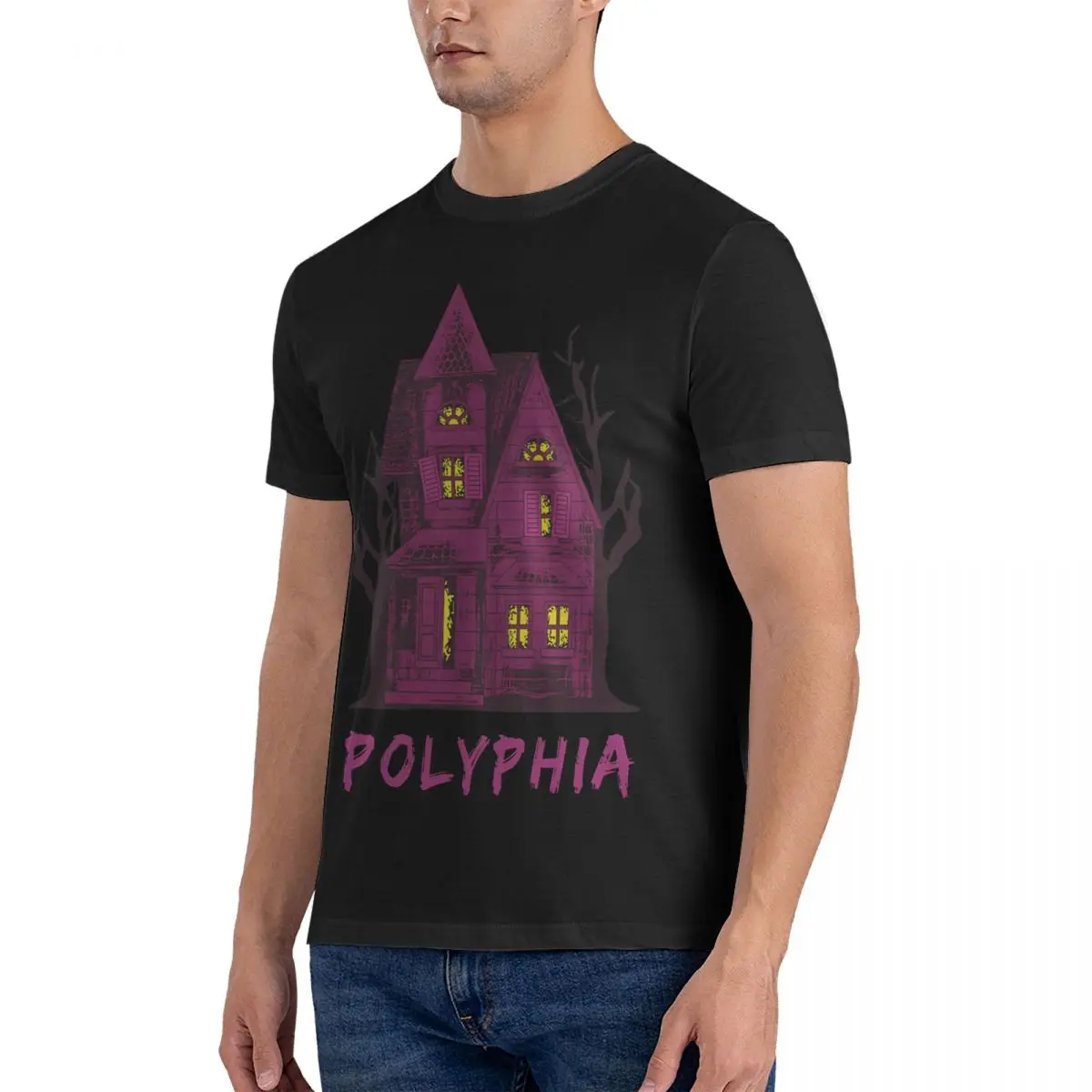 Merch Band With Some Scary Haunted House T Shirts for Men Pure Cotton Novelty T-Shirt Crewneck Polyphia Tee Shirt Short Sleeve