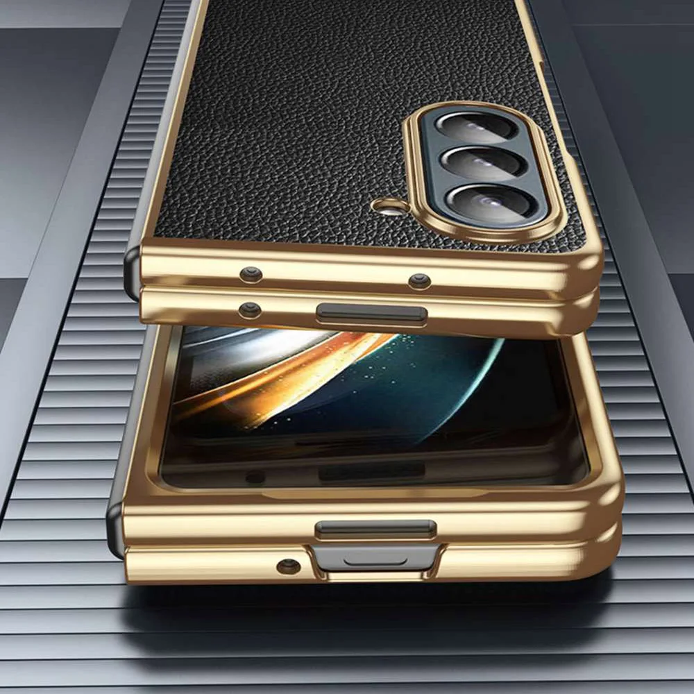 Genuine Leather Case For Samsung Galaxy Z Fold 3 4 5 6 7 Case Plating Coque For Samsung Z Fold3 Fold4 Fold5 Fold6 Fold7 Cover