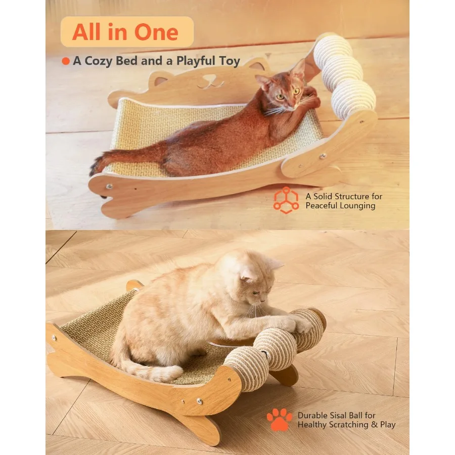 Tiragraffi per gatti robusto e durevole con giocattoli a sfera in sisal Set di mobili per letti per gatti in legno progettati per giochi al coperto e