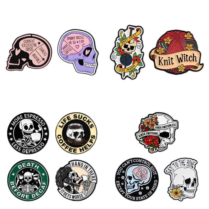 2-4pcs/set Punk Skull Brooch Enamel Pins Funny Cartoon Metal Brooches Backpack Lapel Badges Accessories Gift for Friends