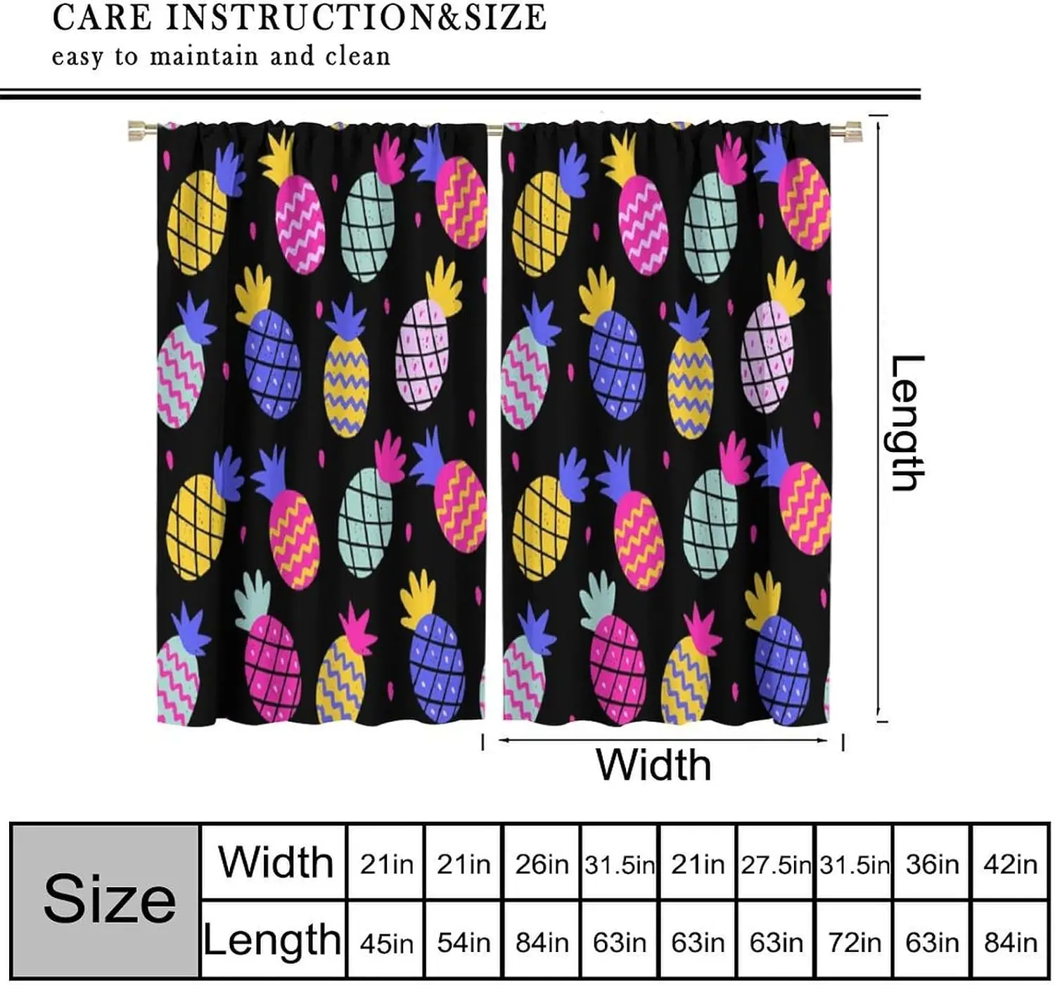Color Cartoon Pineapple Rod Pocket Curtain Bright Zigzag Fruit Print Black Background Drapes Summer Kid Playroom Living Room