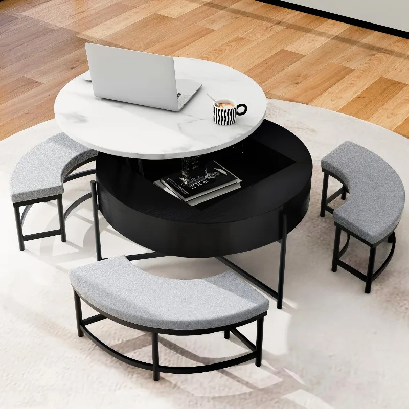 Round Lift Top Coffee Table, Modern Center Table with Hidden Storage & 3 Ottoman for Living Room, Black