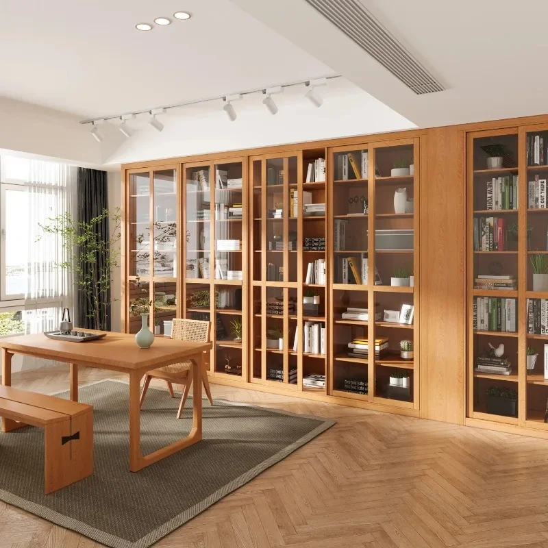 Japanese-style log bookshelf customization, whole wall full wall, all solid wood bookcase with glass sliding door