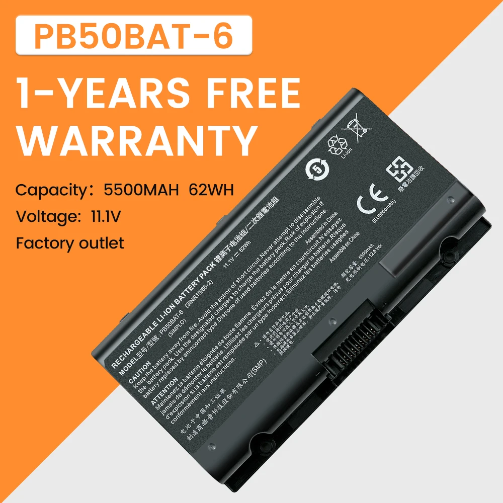 PB50BAT-6 Laptop Battery For Clevo PB51RF-G PB70EF-G PB71EF-G For PowerSpec 1720 1520 For Sager NP8371 3INR19/66-2