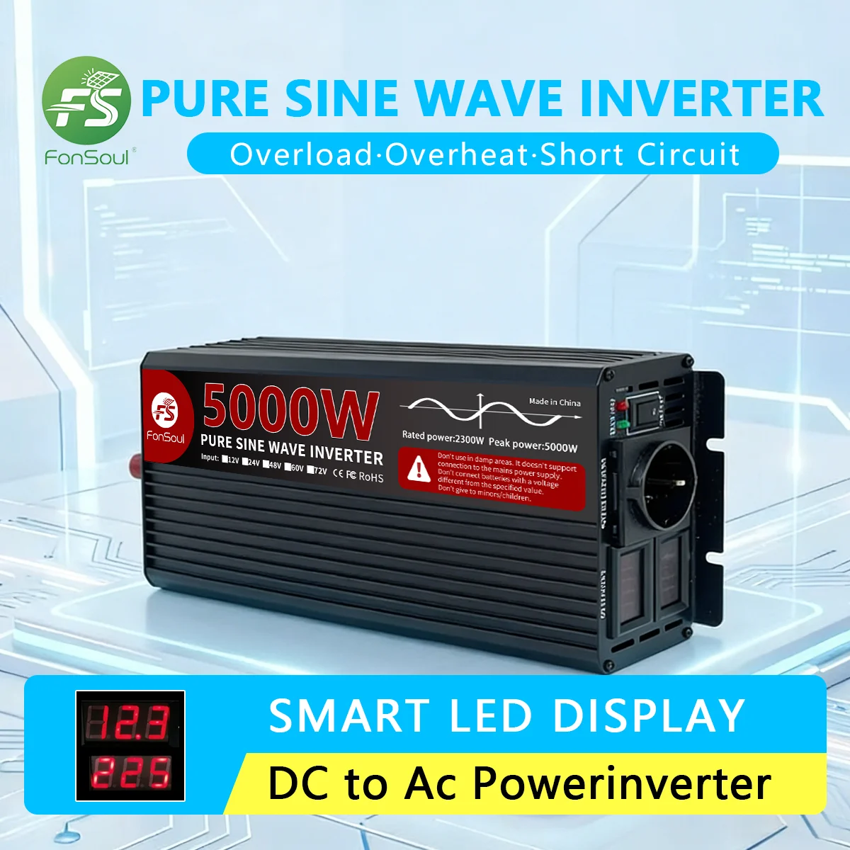 Fonsoul 5000W Pure Sine Wave Inverter 12V 24V 48V to 110V 220V Solar Automobile RV Home Appliance 1 Europe or 2 Universal Outlet