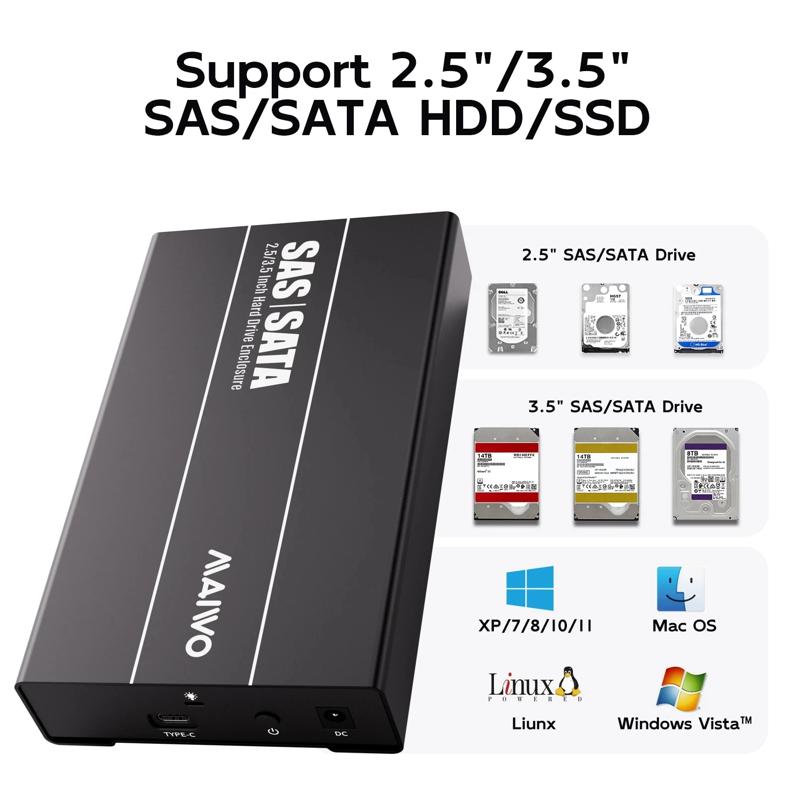 MAIWO 2.5/3.5 Inch SAS/SATA Hard Disk External Case USB3.1 Type-C Gen2 HDD Docking Station HDD Caddy SAS SATA HDD Case HDD Box