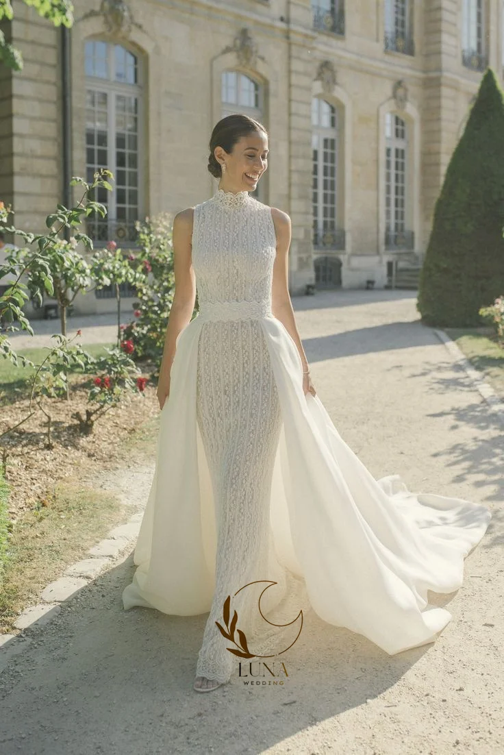 Luna Customized High Collar Lace Civil Wedding Dresses Sleeveless Bridal Gown with Detachable Train Sheath Long Bride's Dresses