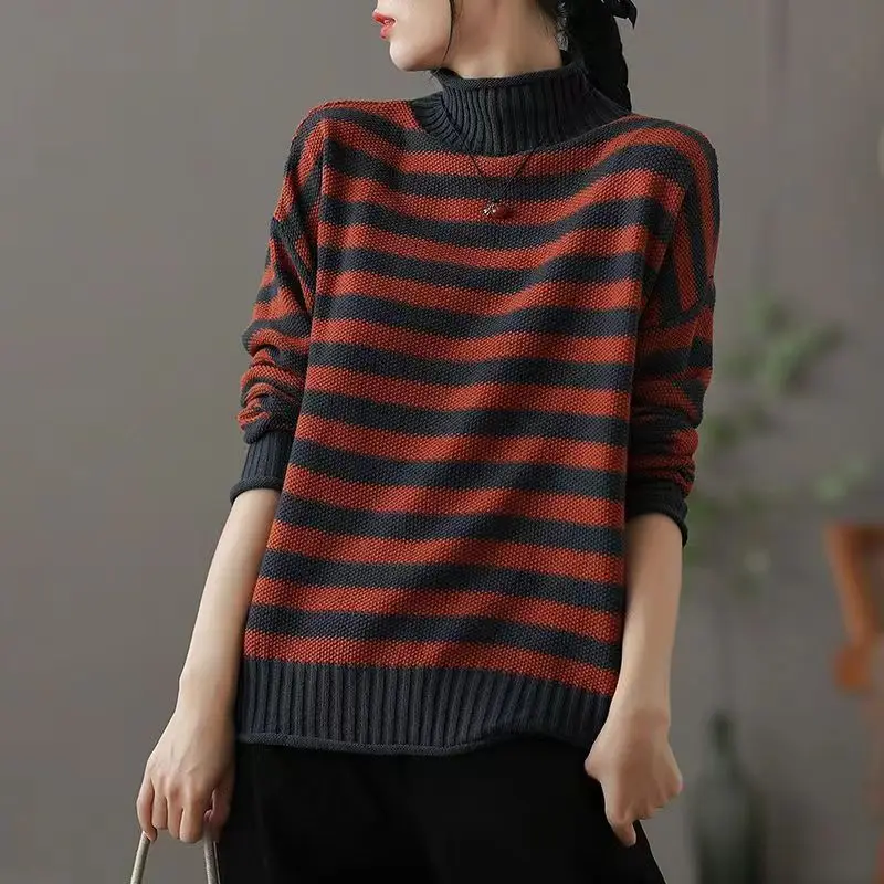 Fashion Stand Collar Spliced Casual Striped Sweaters Women\'s Clothing 2023 Winter Loose Knitted Commuter Pullovers Korean Tops