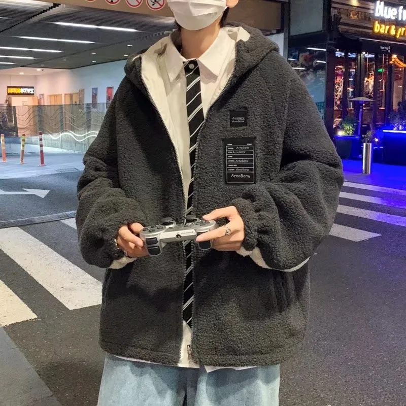 

Lamb Velvet Thiened Loose Men's Cotton Jaet Double-Sided Wear Faionable Winter Coat Youth ulari Regular Length