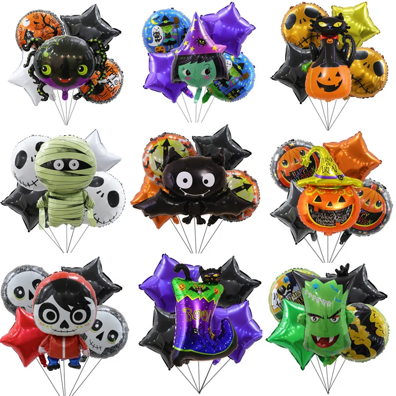 Cross-Border Halloween Carnival Ghost Festival Aluminum Film Balloon5Set of Bat Witch Skeleton Skull Halloween Decorations