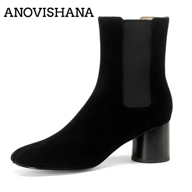 ANOVISHANA Women Genuine Leather Suede Brand Cool Women Two Toe Ankle Boots Round Toe 6cm Block Heel Slip On Elastic Band Black