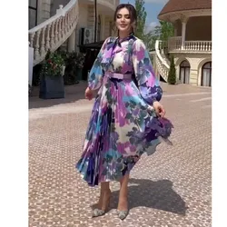 Colorful Printed Pleated Dress Women Scarf Collar Long Puff Sleeve Dresses Female Fashion Slim Commuter Robe Streetwear Vestido