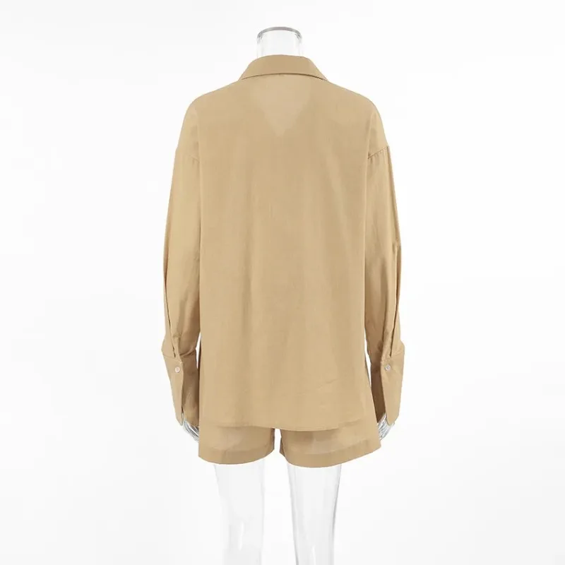 2025 Spring Summer New Cotton And Linen Women's Suits Fashionable Khaki Lapel Single-breasted Shirt & Elastic Waist Shorts Set