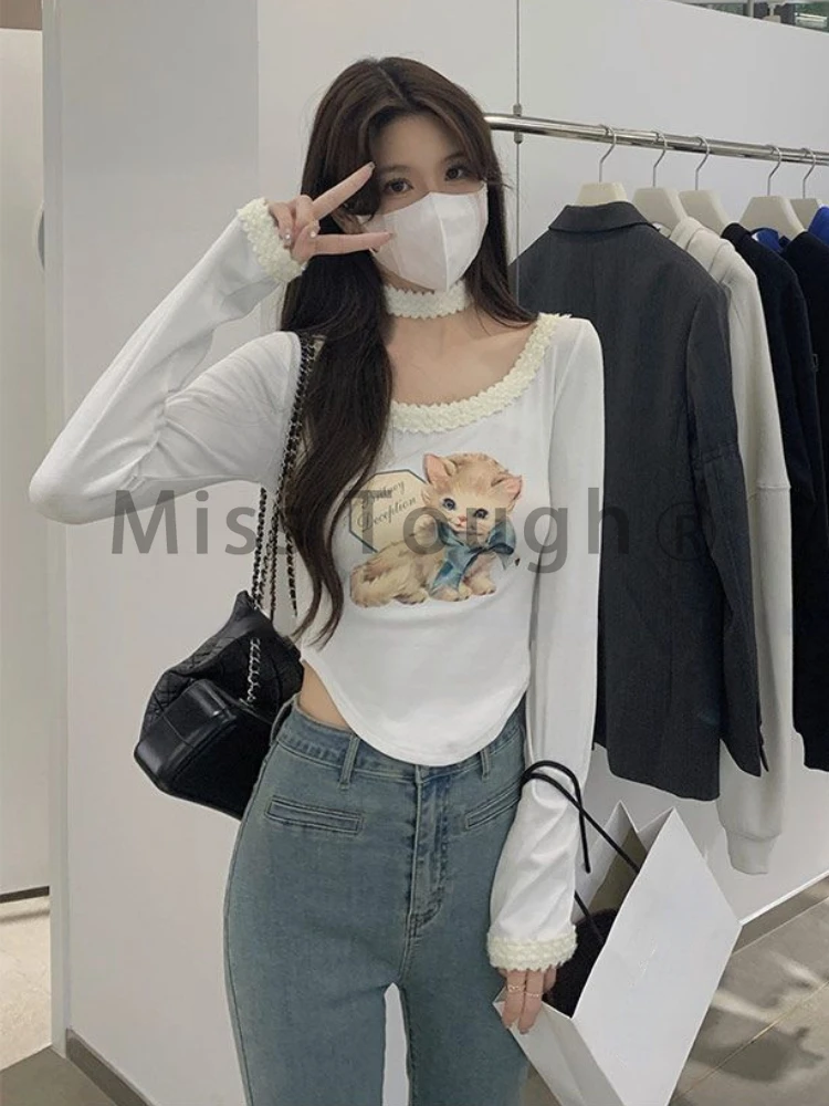 Winter White Sexy kawaii Tops Women Cat Print Korean Fashion Slim y2k tos Female Japanese Ruffled Casual Elegant Tops 2023 New