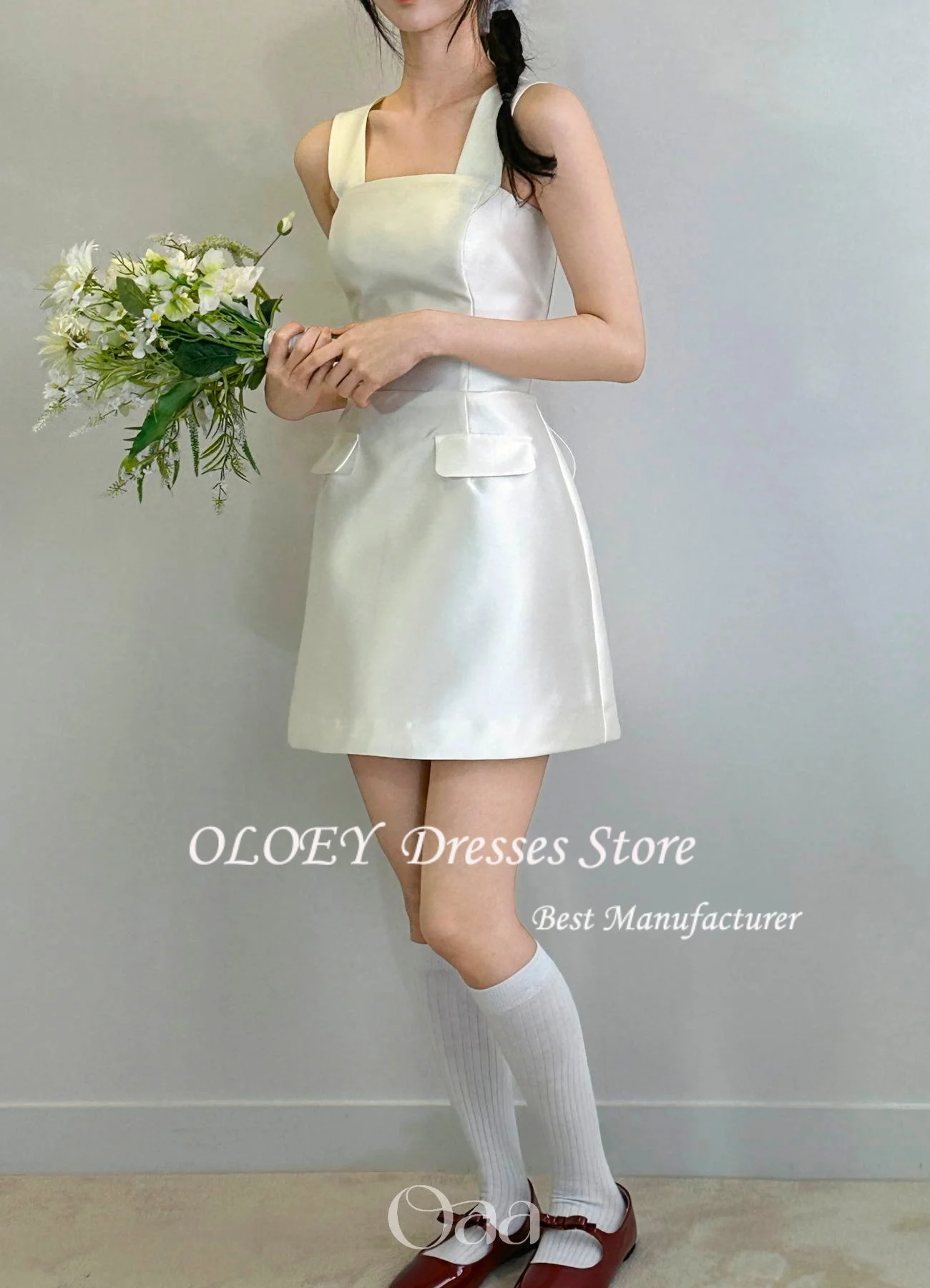 فساتين زفاف كورية صغيرة من OLOEY بجيوب قلابة قبالة الكتف من الساتان مشد فساتين الزفاف المفاجئة فساتين الاستقبال فستان الحفلات #4
